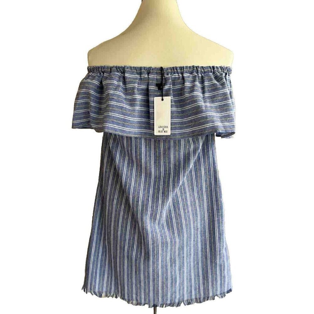 Nasty gal LOVERICHE Women's Blue Stripe Tulum Off-the-Shoulder Mini Dress Size S - Picture 3 of 16